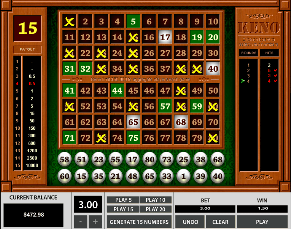 Keno Screenshot - Zahlentafel mit gezogenen Gewinnzahlen und Gewinnanzeige