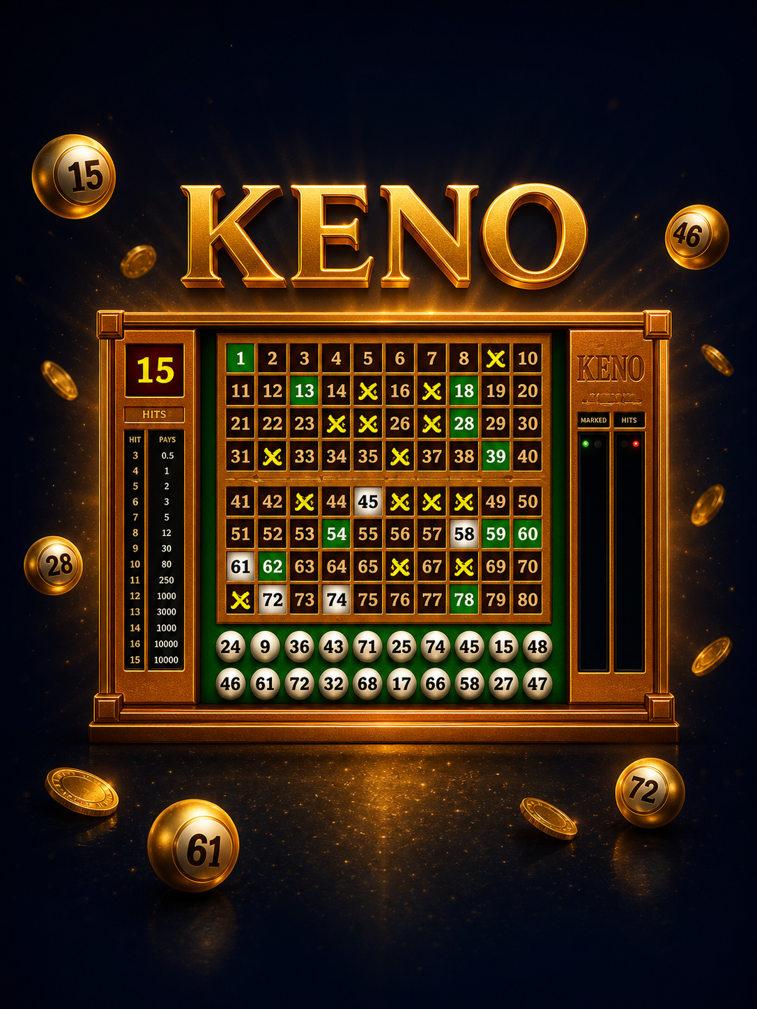 Keno Spiel - Zahlentafel mit gezogenen Gewinnzahlen und Auszahlungstabelle