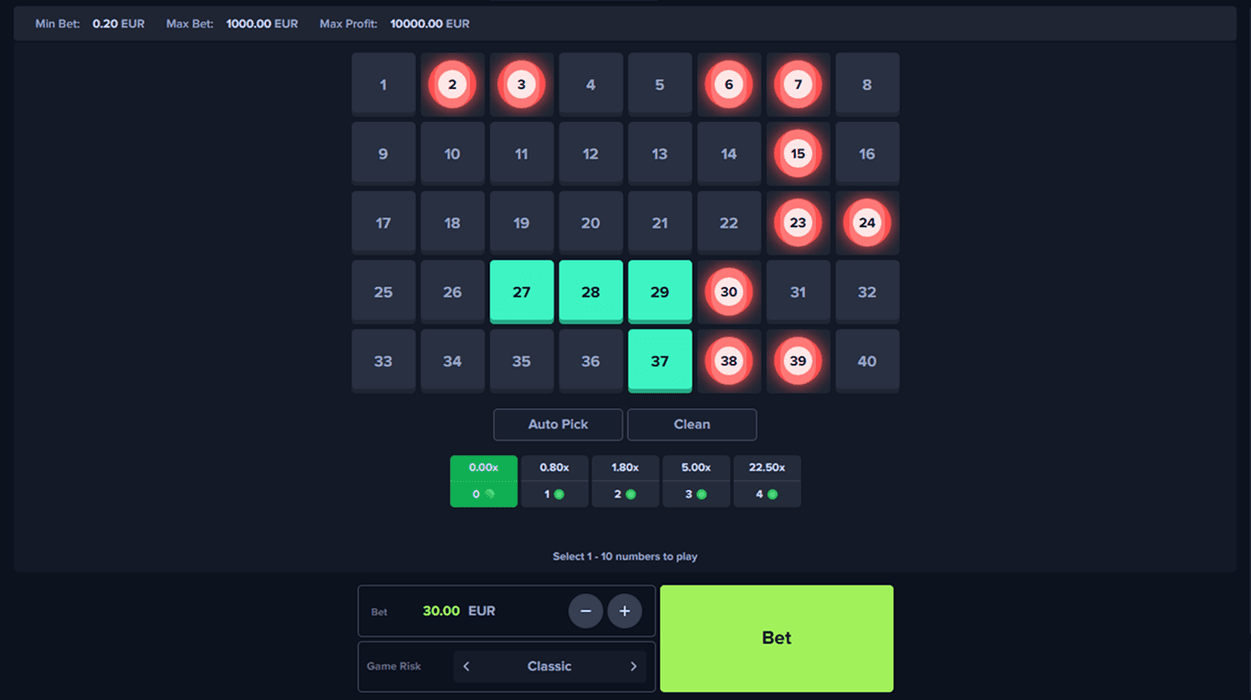 Keno Zahlenfeld mit Multiplikator-Anzeige Screenshot